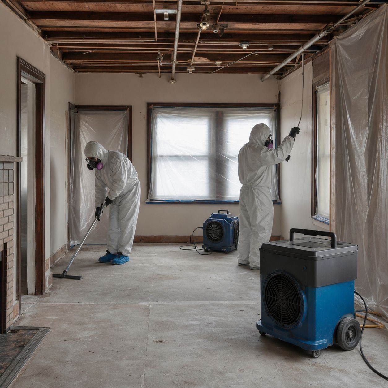 Certified asbestos abatement team removing asbestos roof shingles