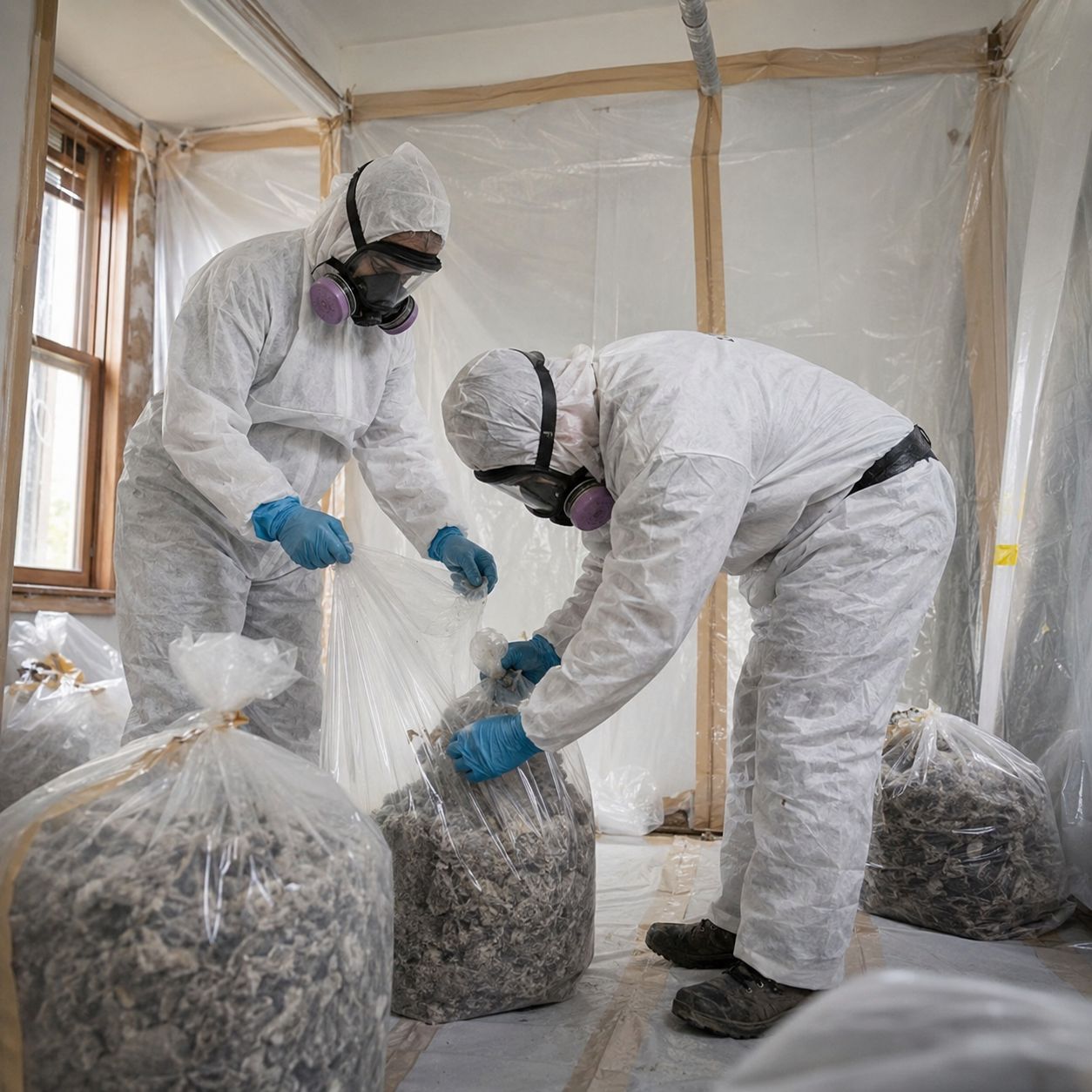 Licensed technicians vacuuming asbestos debris inside containment zone
