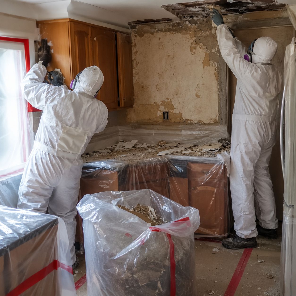 EPA certified specialists removing asbestos pipe insulation from basement